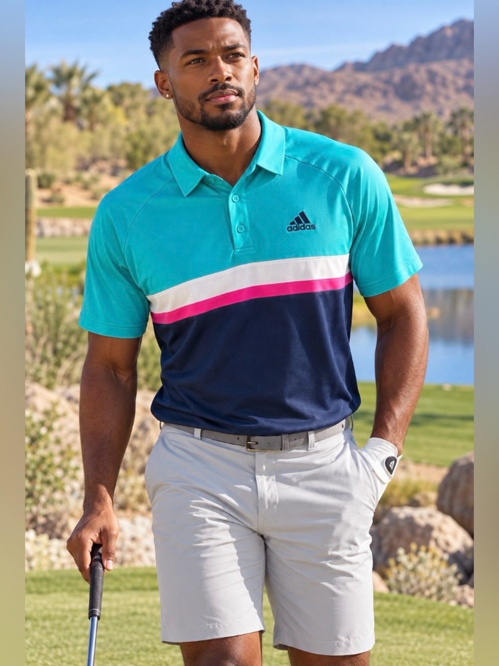 Adidas Men’s Climalite Golf Polo Shirt | Teal Pink Navy Stripe | Size M